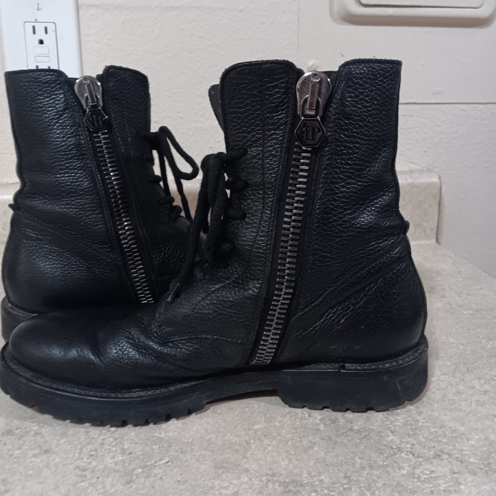 Philipp Plein Leather Boots Big Skull  Cross Bones Lace Up Unisex Sze 41 W9.5/M8 - Picture 6 of 12